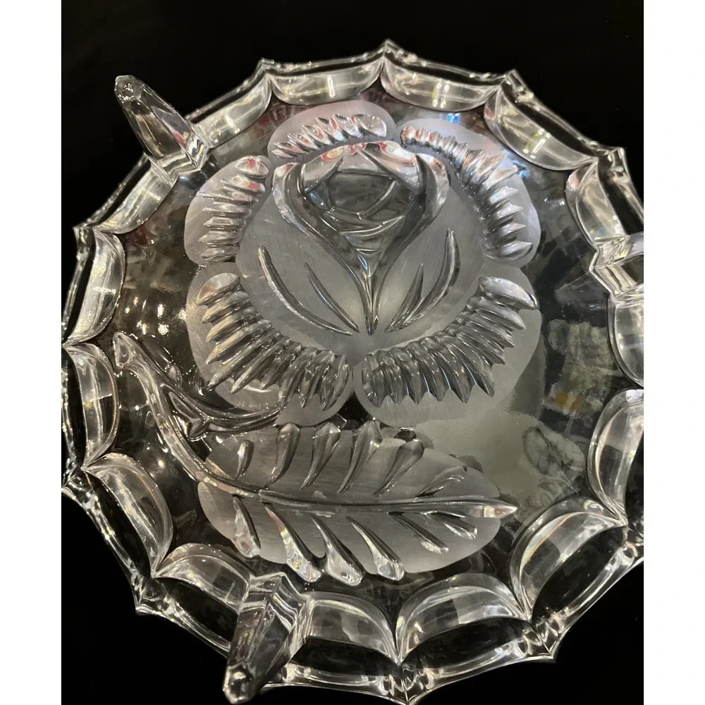 Vintage Imperlux Pressed Crystal Footed Bowl Candy Dish Fluted Edges Etched Rose